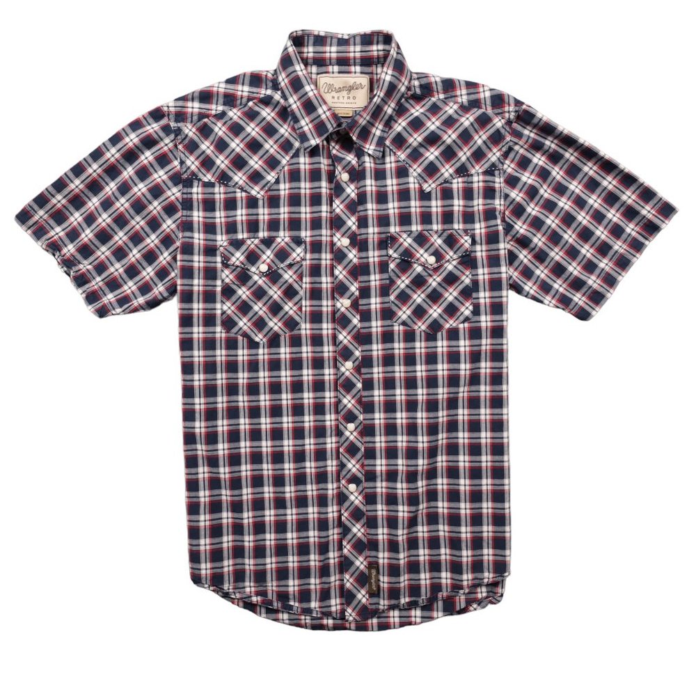 Wrangler Retro Short Sleeve Pearl Snap Shirt Mens Size Large Blue Plaid Cowboy